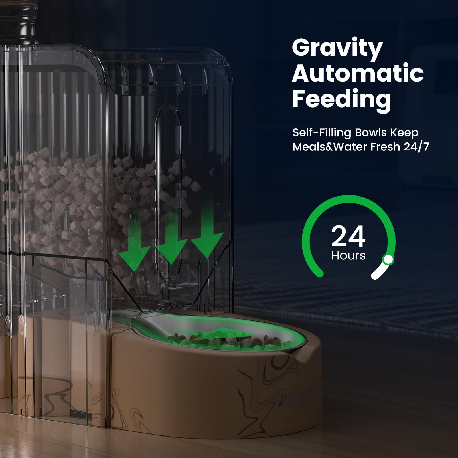 Gardner Pet Gravity food dispenser with dry food outlet reduces jams
