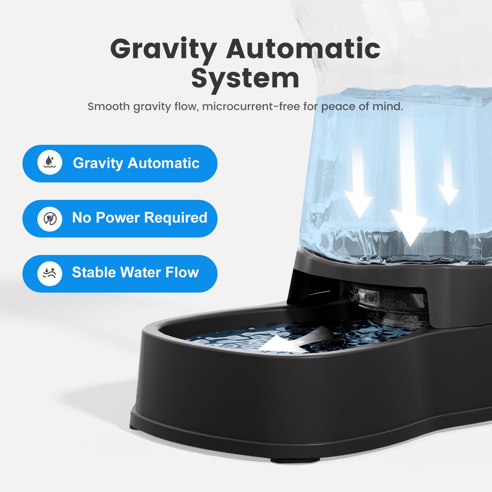 Gardner Pet gravity system operates silently for a calmer drinking experience