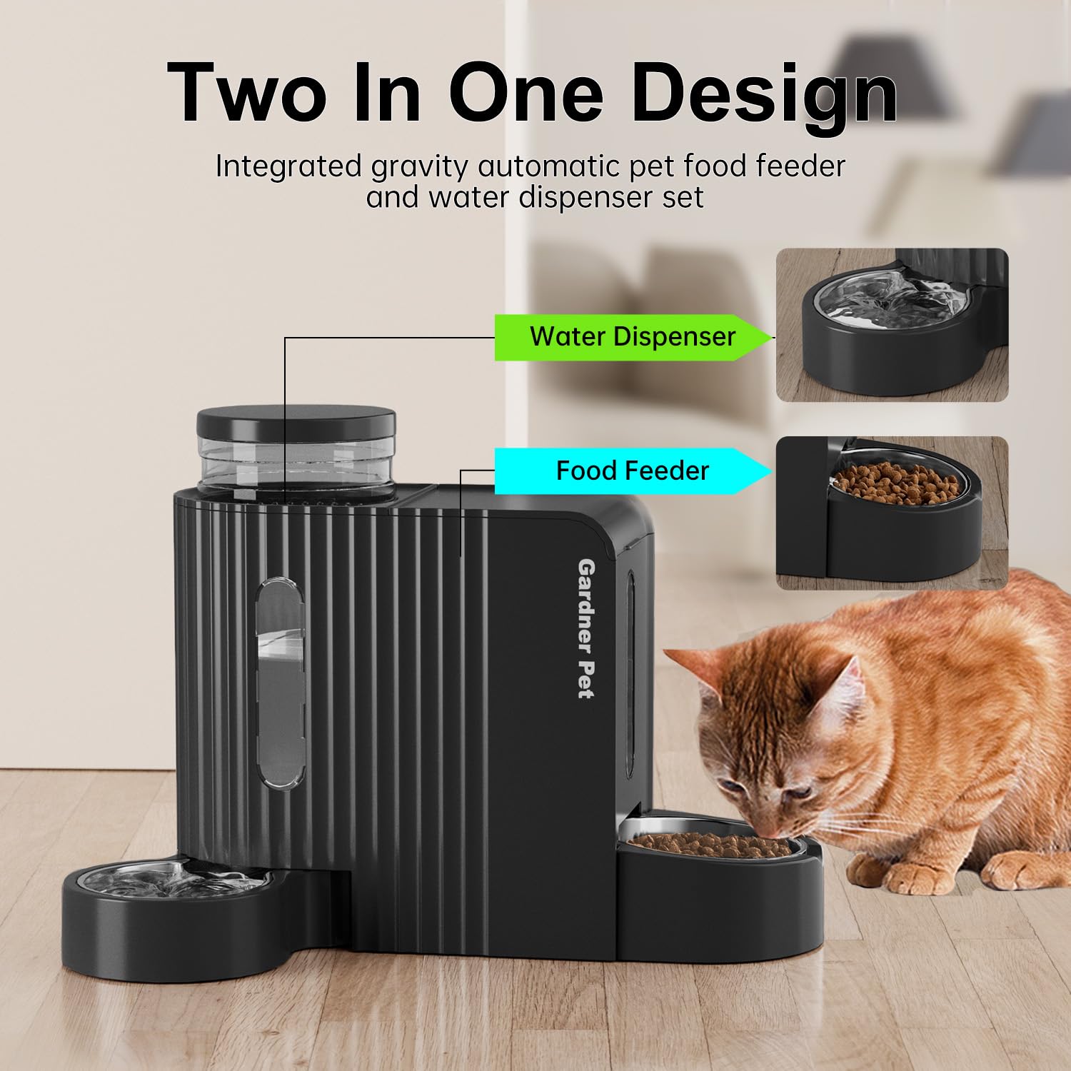 Gardner Pet large-capacity container ensures longer intervals between refills for water and food.