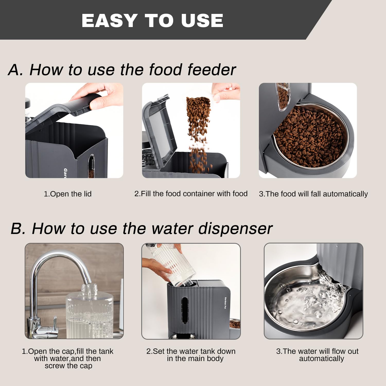 Gardner Pet large capacity container ready for daily use while you’re away.