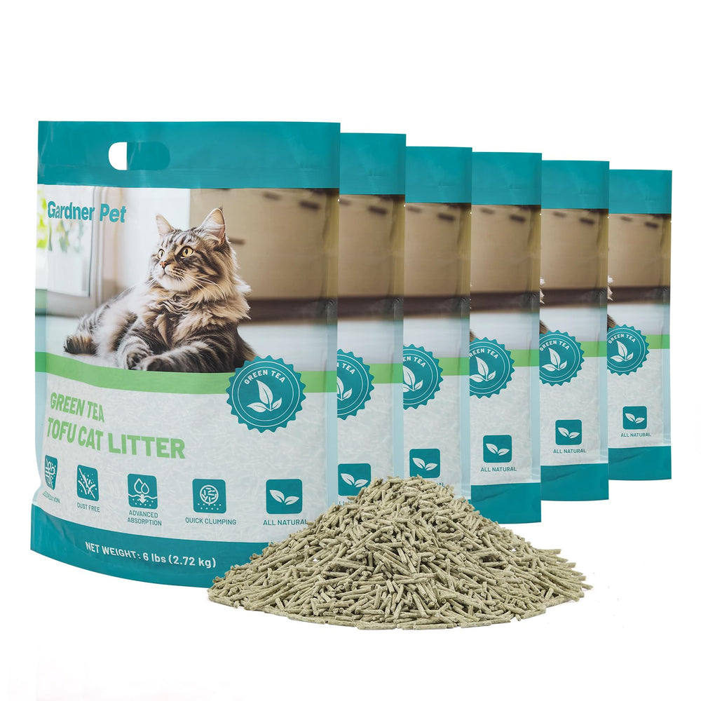 Gardner Pet Natural Tofu Cat Litter pack of 6 bags for convenient storage.