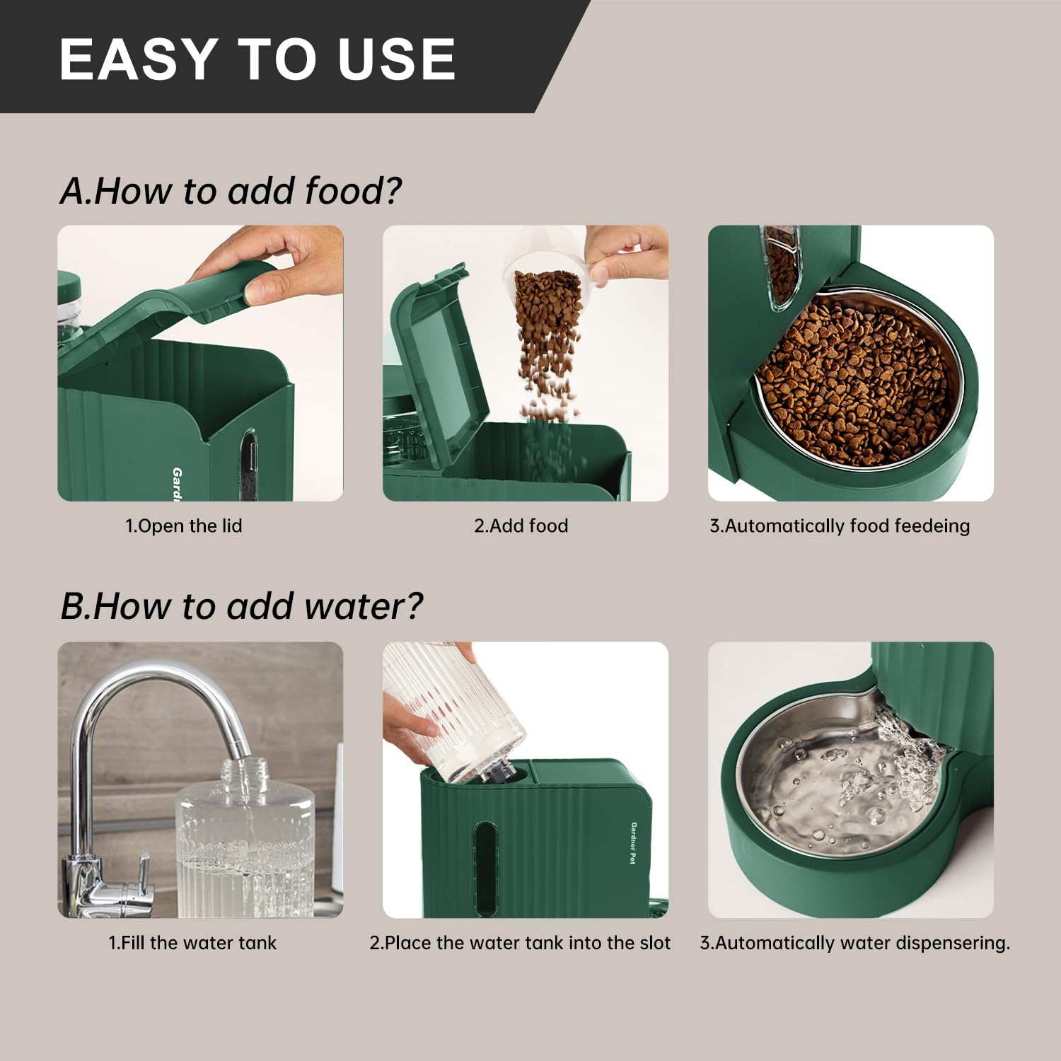 Gardner Pet removable parts assembly for easy cleaning and maintenance.