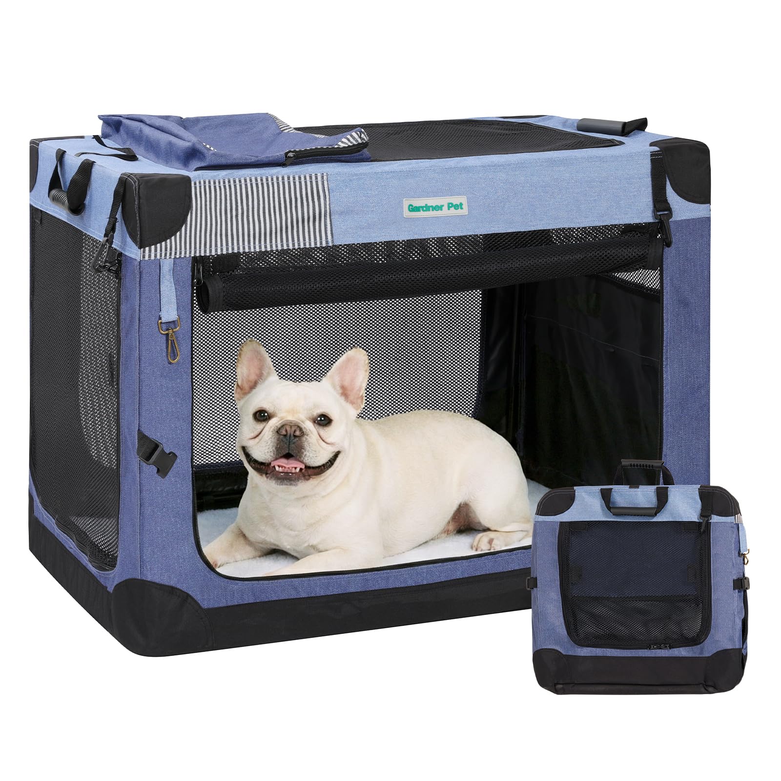 Gardner Pet soft collapsible crate blue closed view for small dogs.