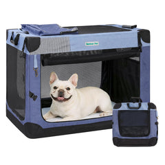 Gardner Pet soft collapsible crate blue closed view for small dogs.