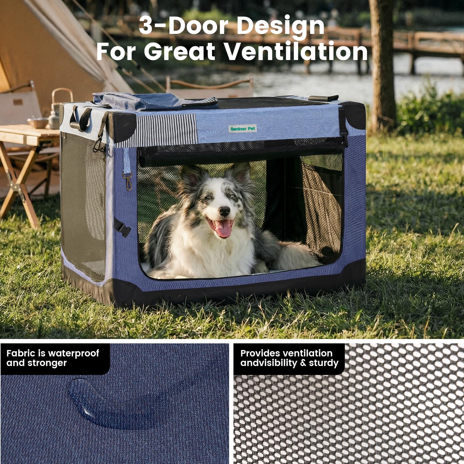 Gardner Pet soft crate blue folded view showing quick setup and storage.
