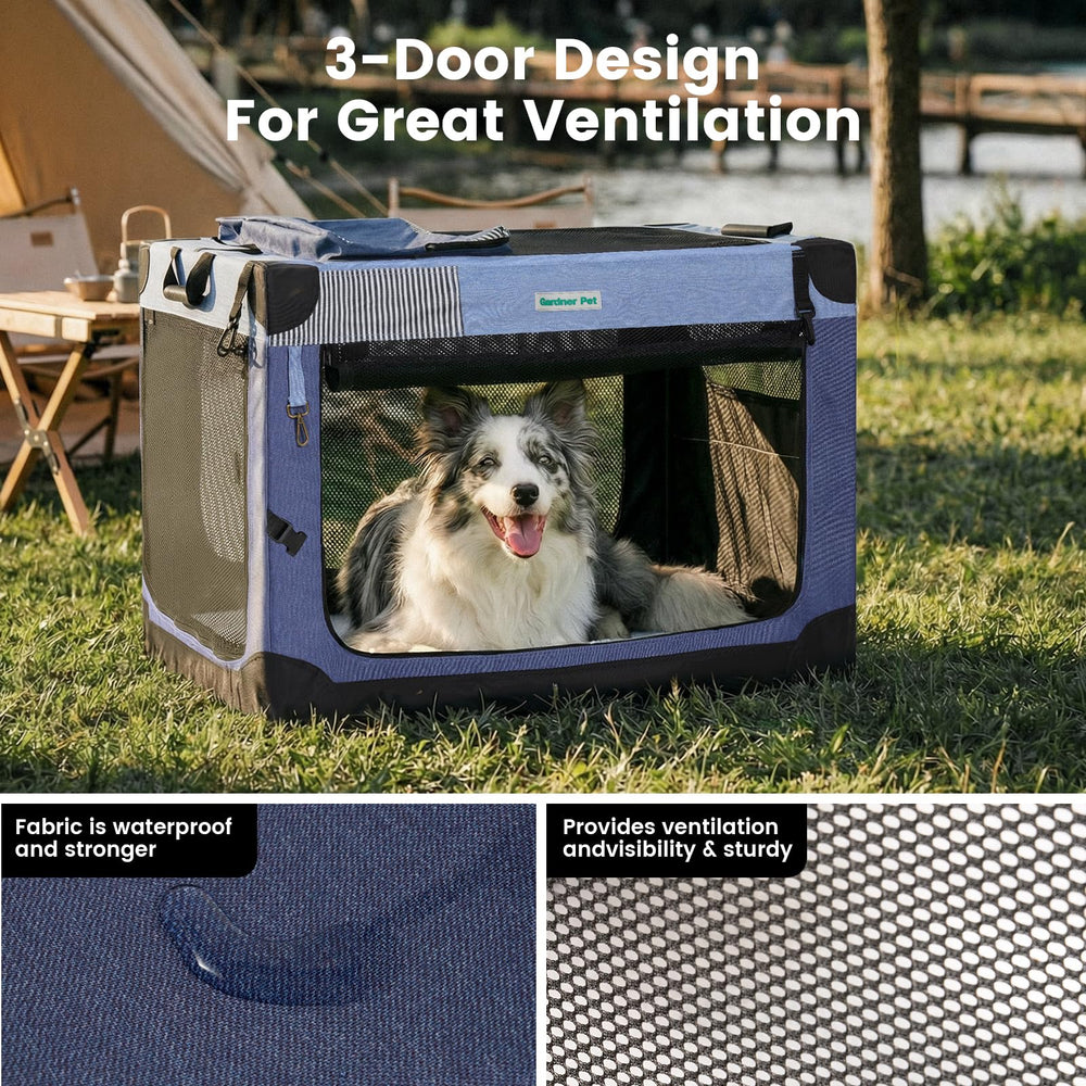 Gardner Pet soft crate blue folded view showing quick setup and storage.