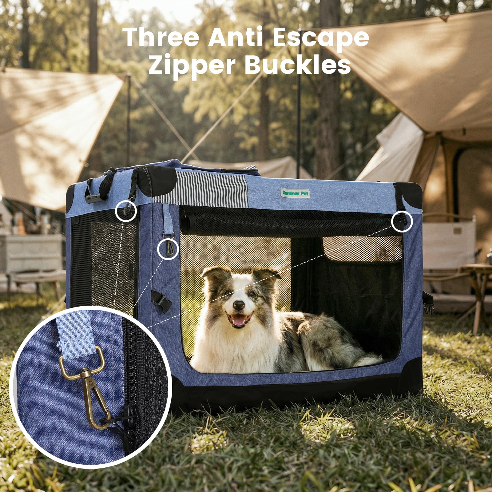 Gardner Pet crate blue setup for easy indoor and outdoor use.