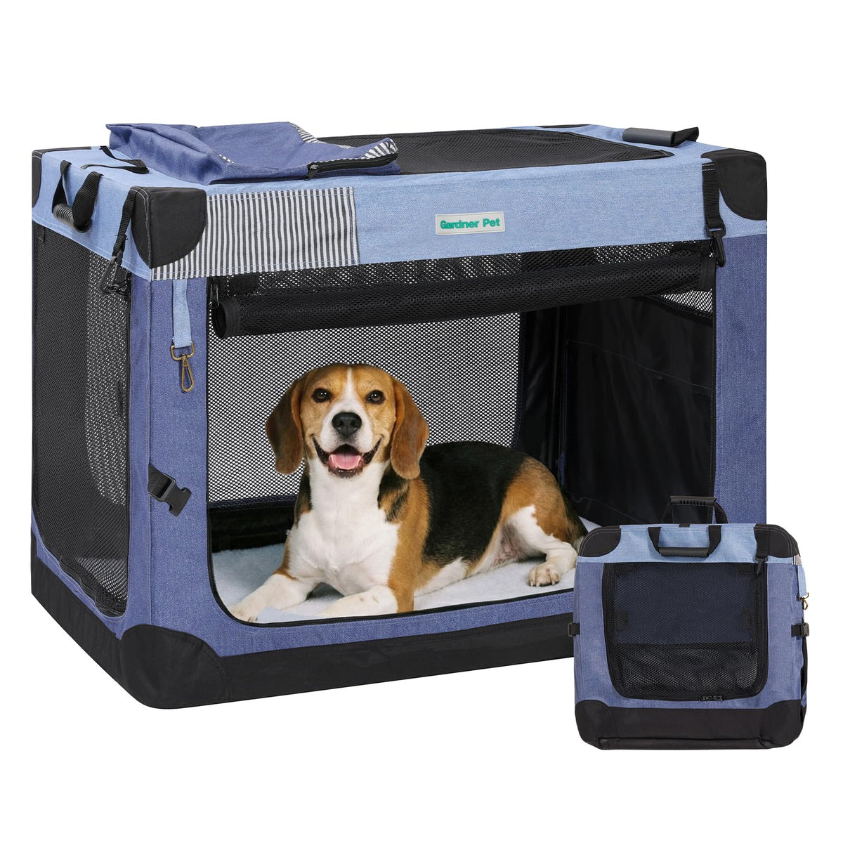 Gardner Pet soft collapsible crate in blue folded for travel storage