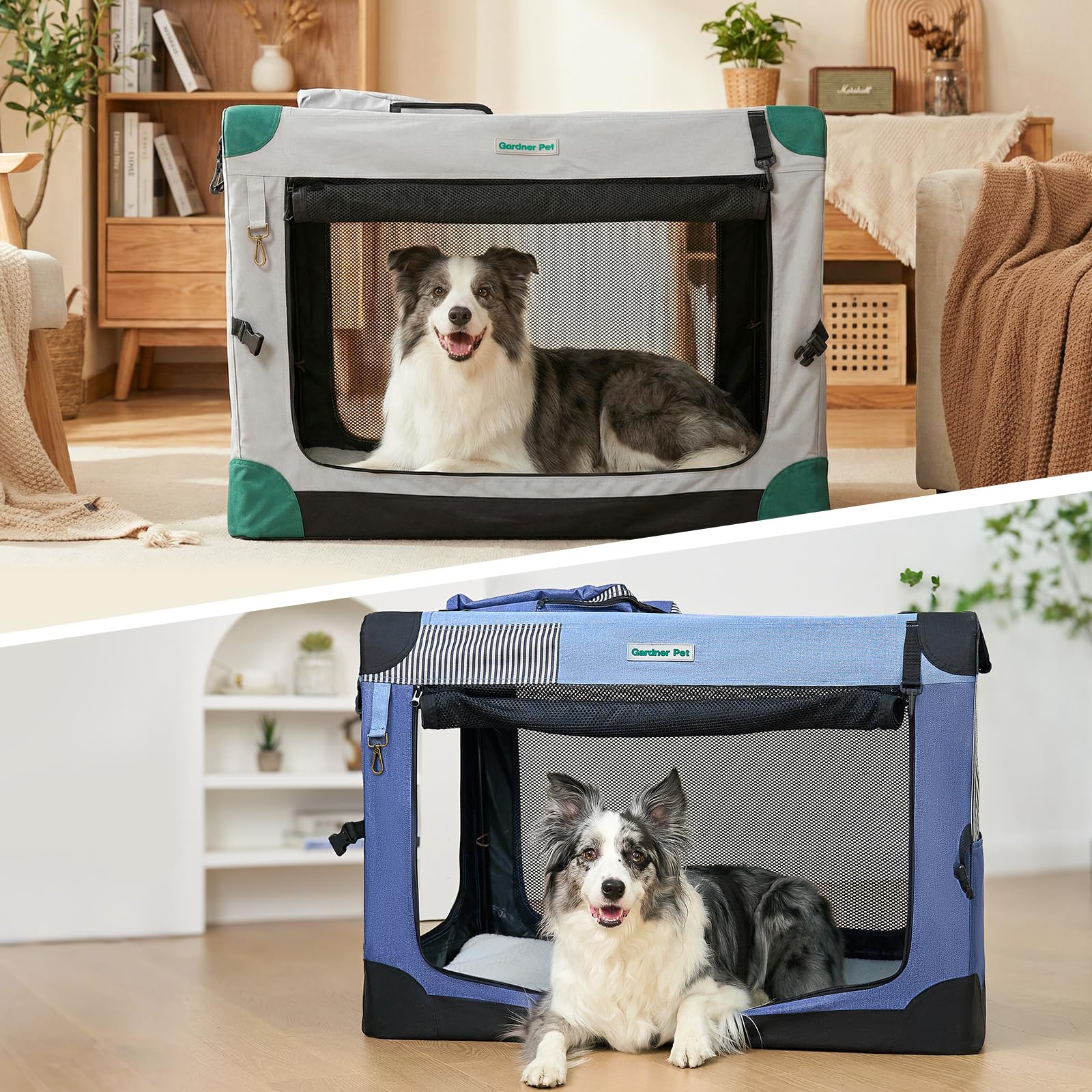 Gardner Pet blue crate folds in seconds for portable setup