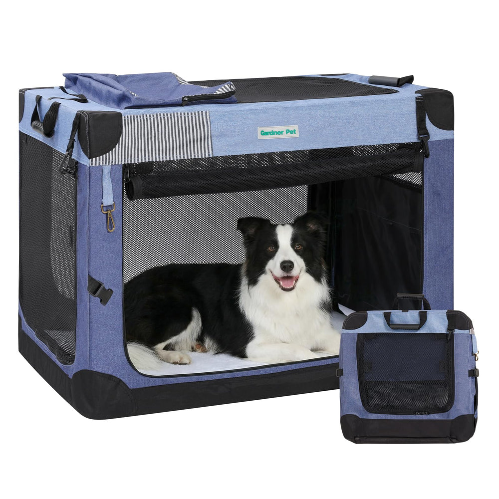 Gardner Pet soft collapsible crate in blue, portable travel-ready design.