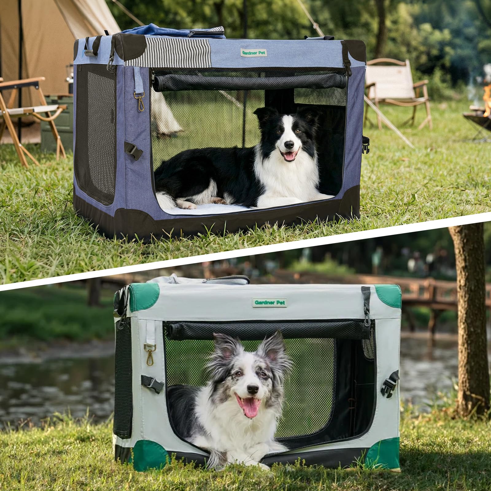 Gardner Pet crate blue rust resistant steel frame for stable transit.