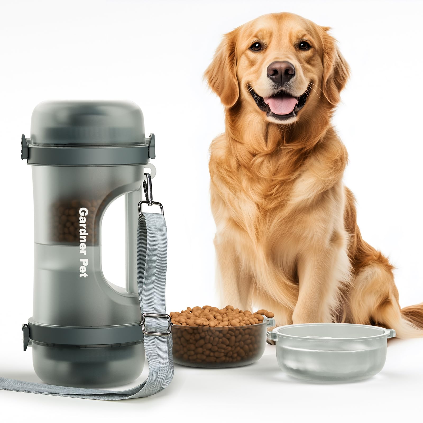 Gardner Pet two-in-one water and food bottle on trail for easy dog outings.