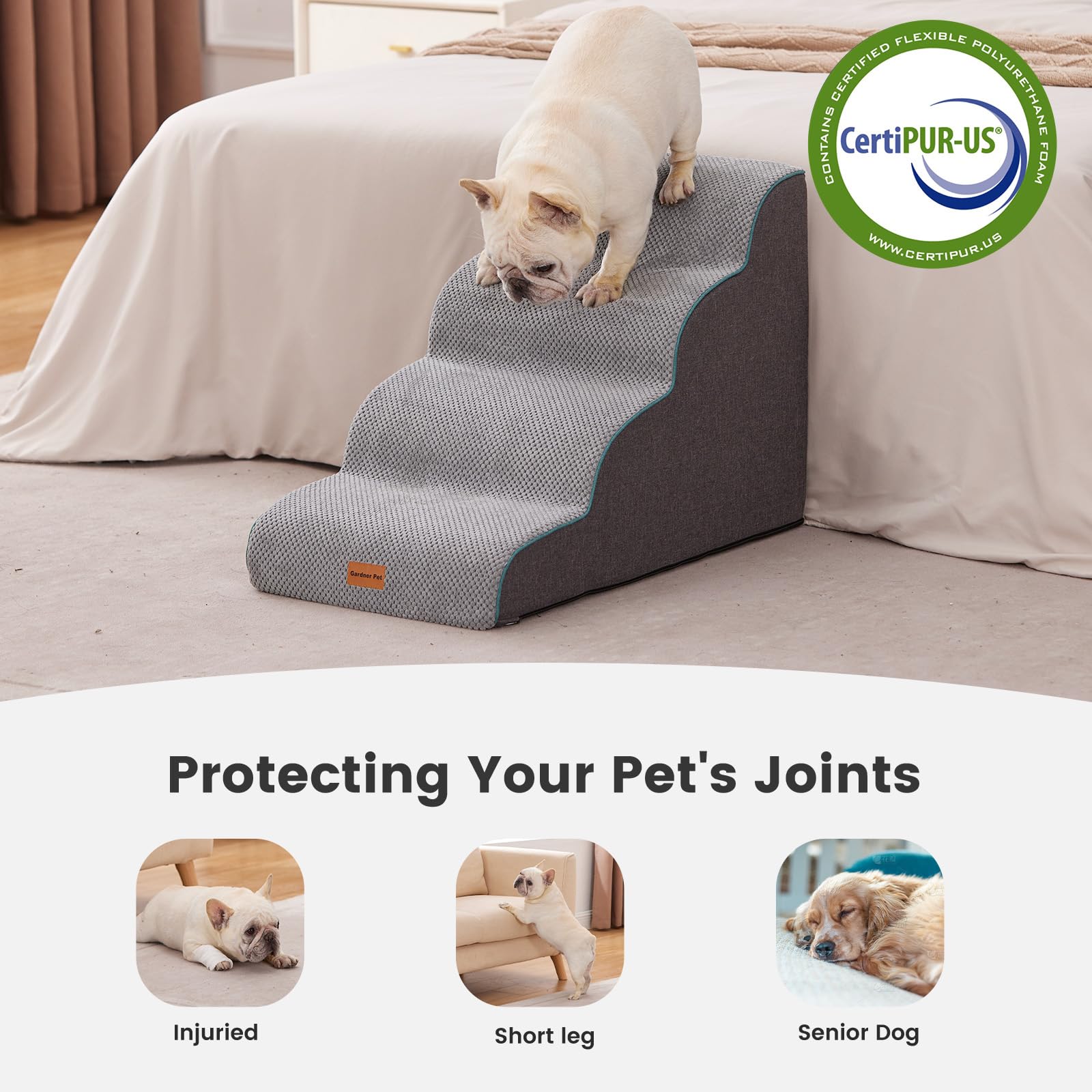 Gardner Pet machine-washable waterproof cover protects stairs from accidents.
