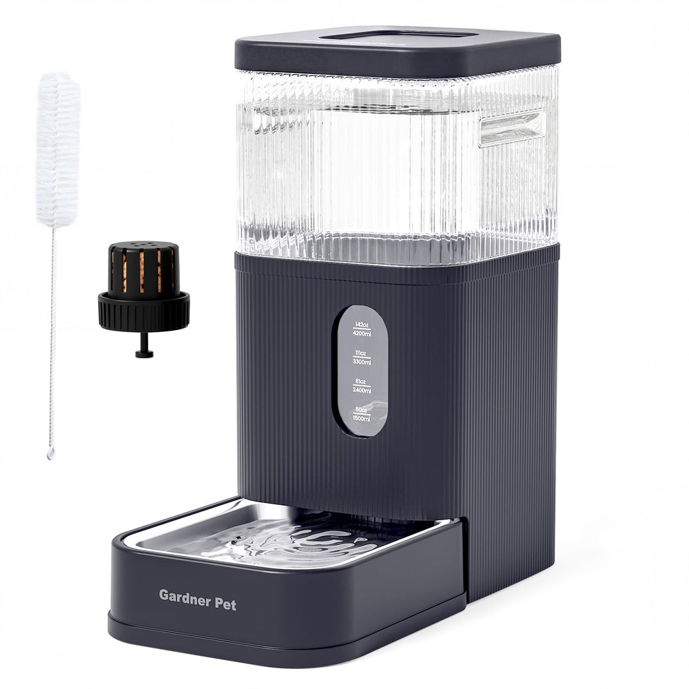 Gardner Pet transparent water level window helps monitor hydration supply.