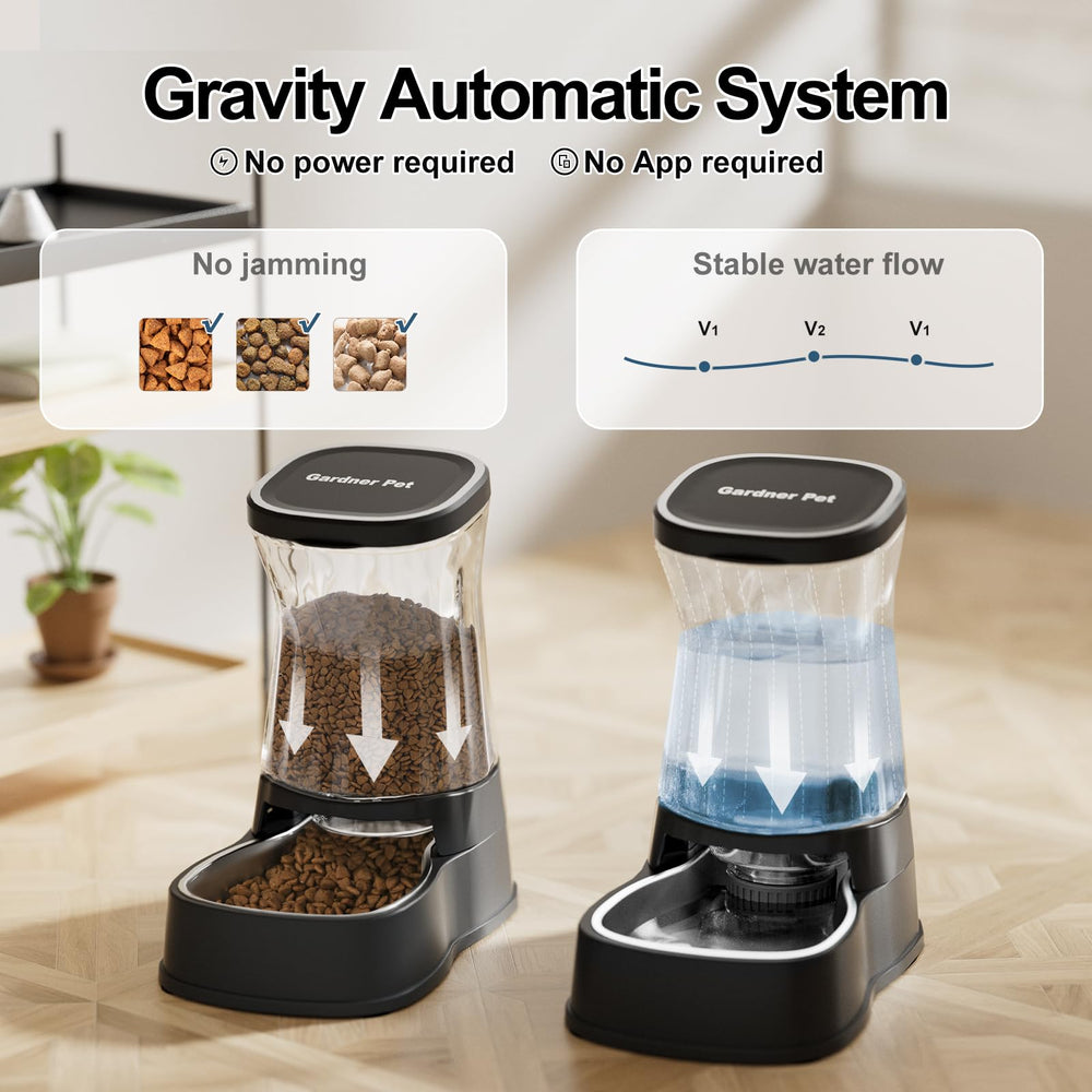 Gardner Pet wide-outlet food tunnel reduces kibble jams during feeding.