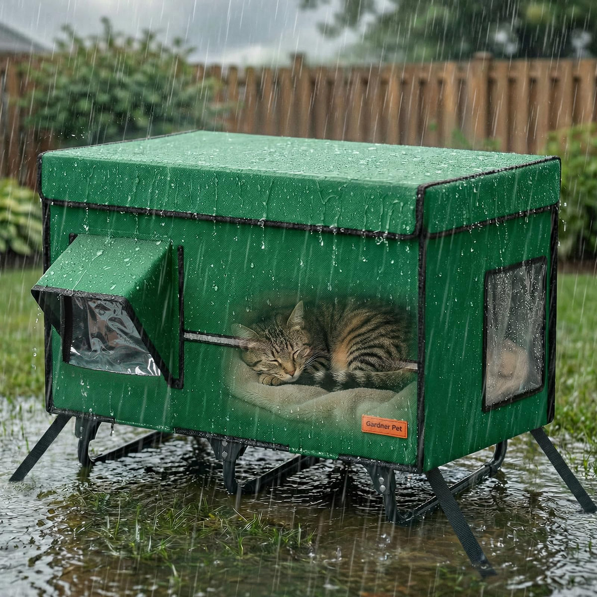 Gardner Pet X-Large Cat House front view shows a durable metal frame for outdoor shelter