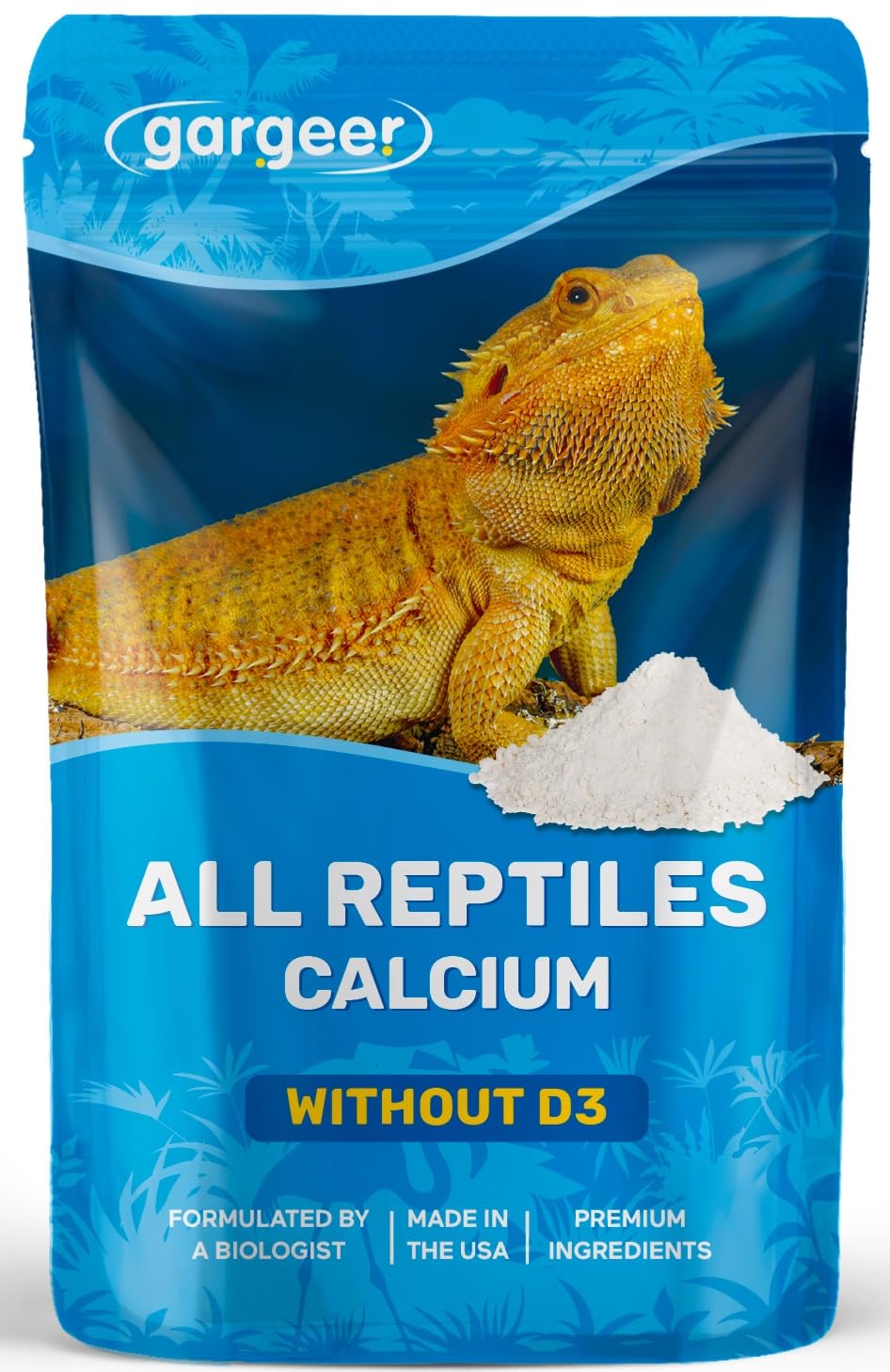 Gargeer All Reptile Calcium jar close-up, ultrafine powder ideal for dusting feeder insects.