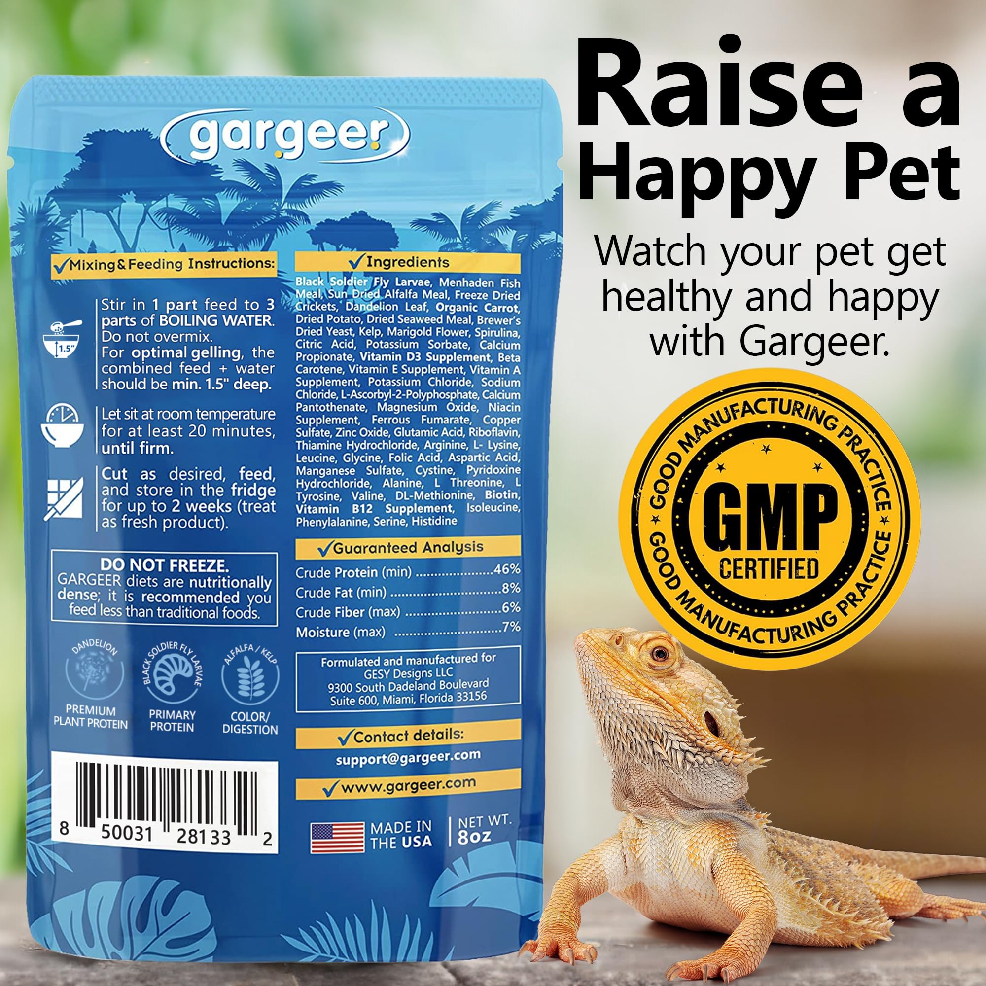 Gargeer Bearded Dragon Food ingredients close-up showing premium formula