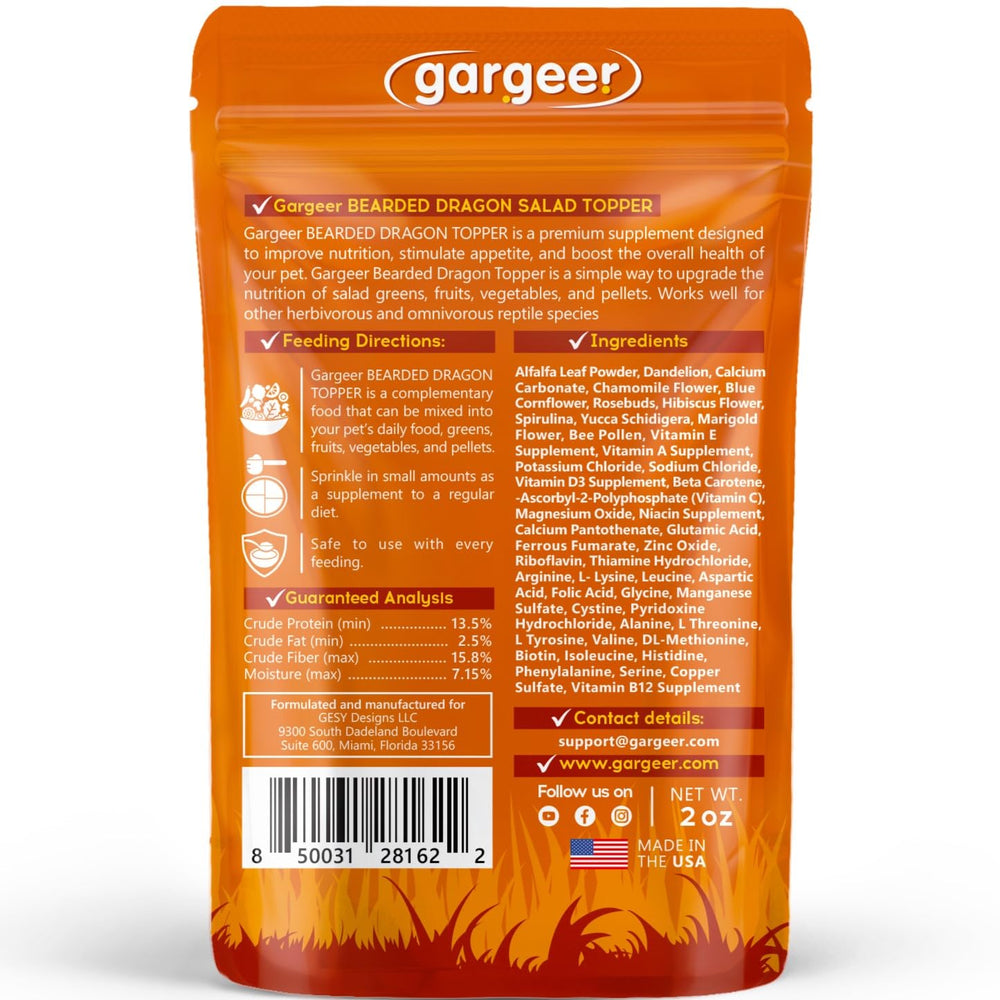 Gargeer Bearded Dragon Topper being poured into greens boosts flavor and intake.