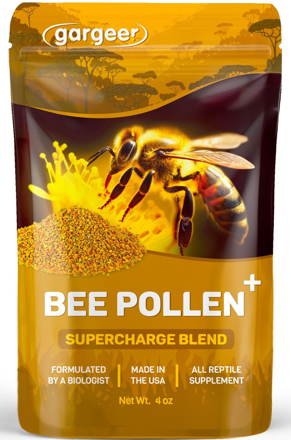 Gargeer Bee Pollen 4oz bottle ready for reptile supplementation.