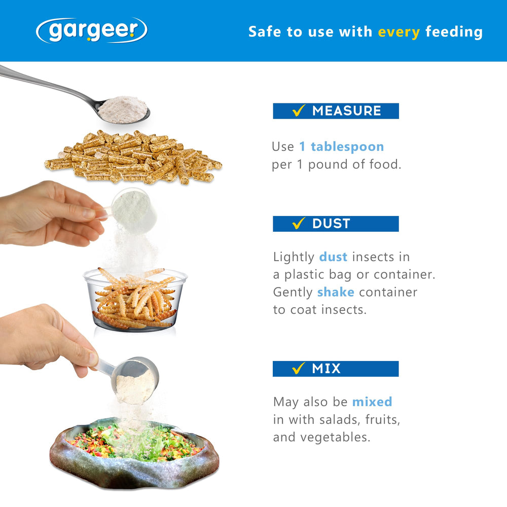 Gargeer calcium powder label highlighting phosphorus-free formula.