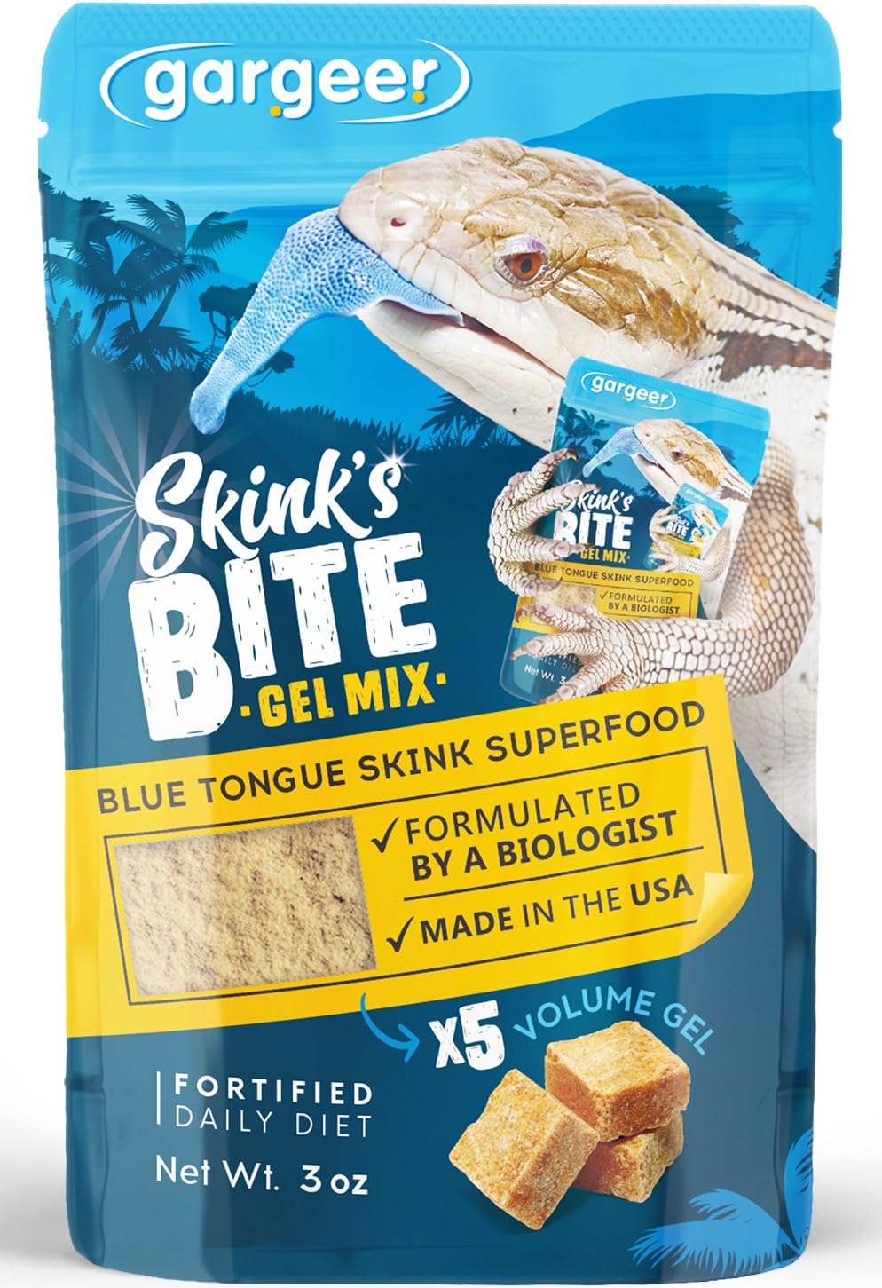 Gargeer complete gel diet for blue tongue skinks provides balanced nutrition in one scoop.