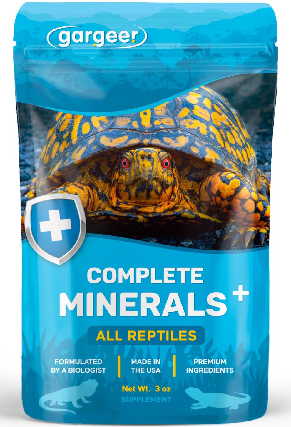 Gargeer Complete Mineral Reptile Supplement bottle showcases essential nutrients for healthy bones.