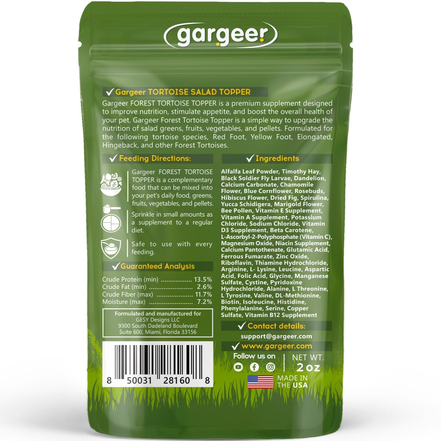 Gargeer Forest Tortoise Topper ingredients-blends show alfalfa and hay for nutrition.