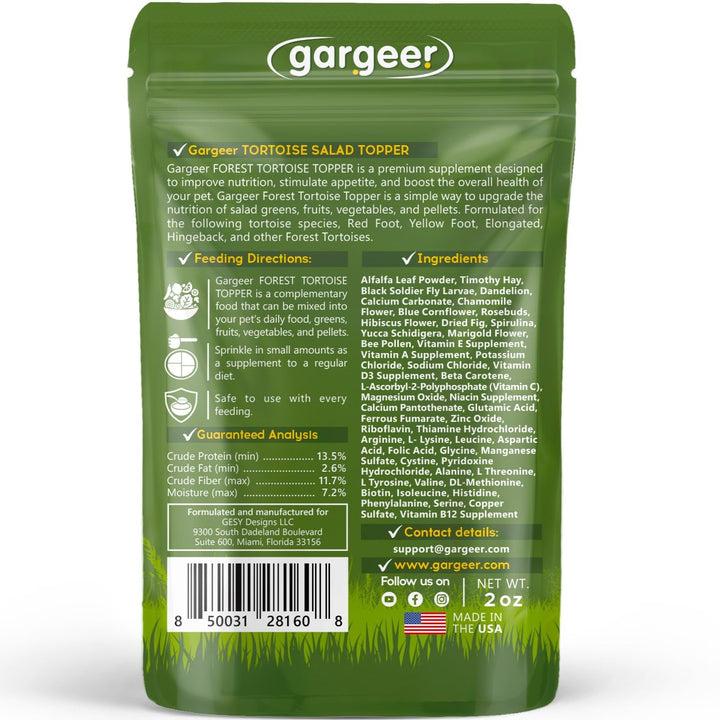 Gargeer Forest Tortoise Topper ingredients-blends show alfalfa and hay for nutrition.