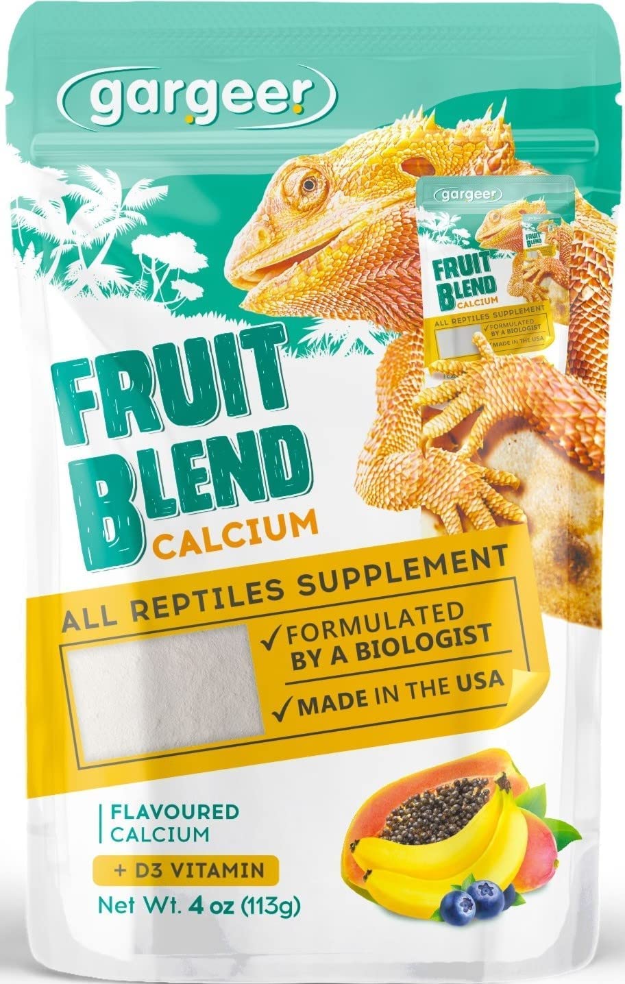 Gargeer fruit blend flavored calcium powder ready to dust onto reptile feeders.