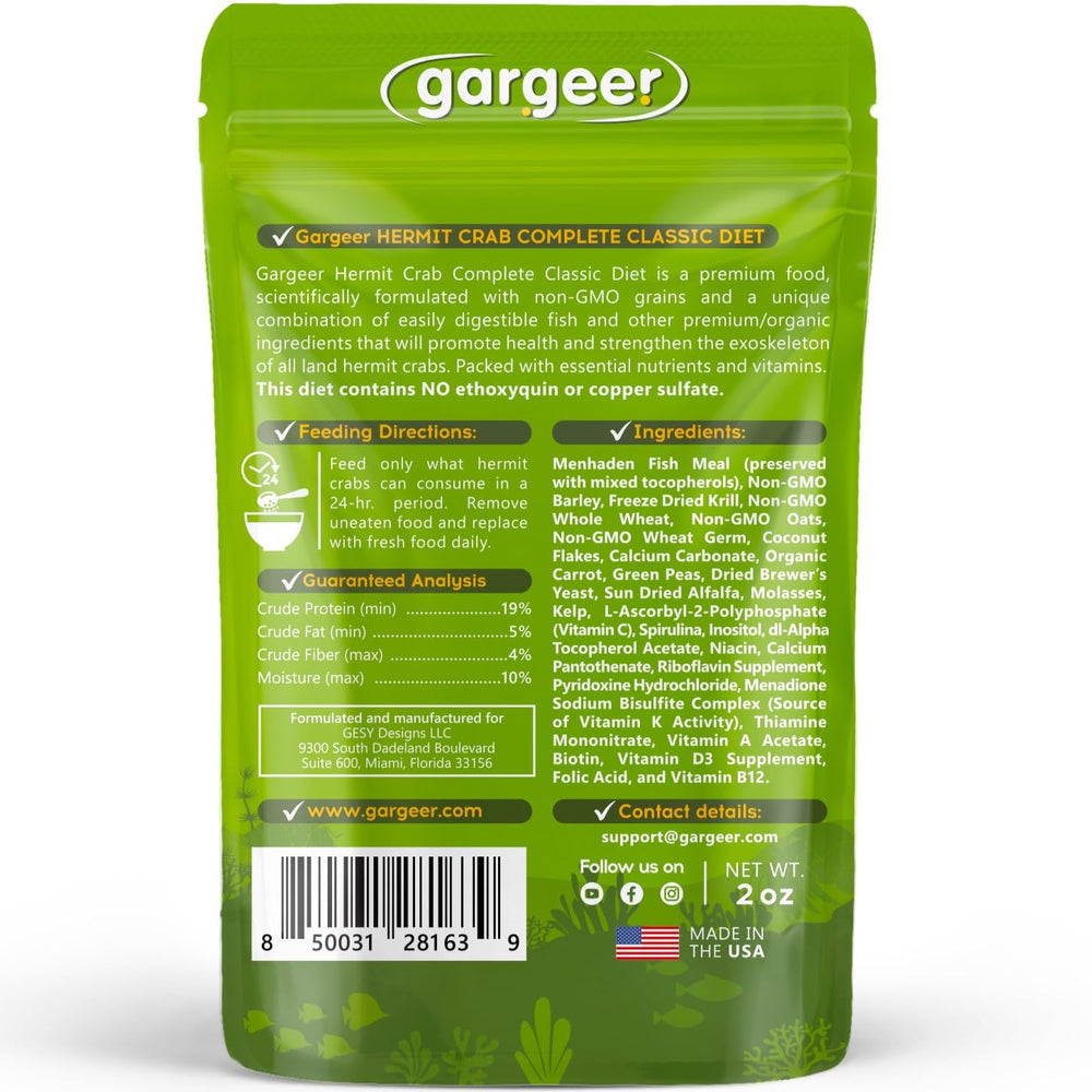 Close-up of Gargeer Hermit Crab Complete Diet granules showing finely ground texture