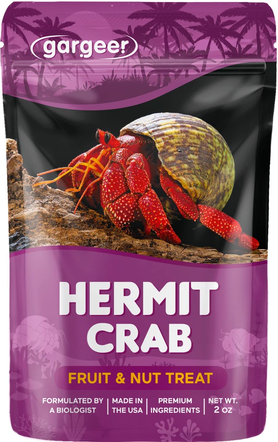 Gargeer Hermit Crab Fruit & Nut Treat packaging highlights premium ingredients for daily nibbling