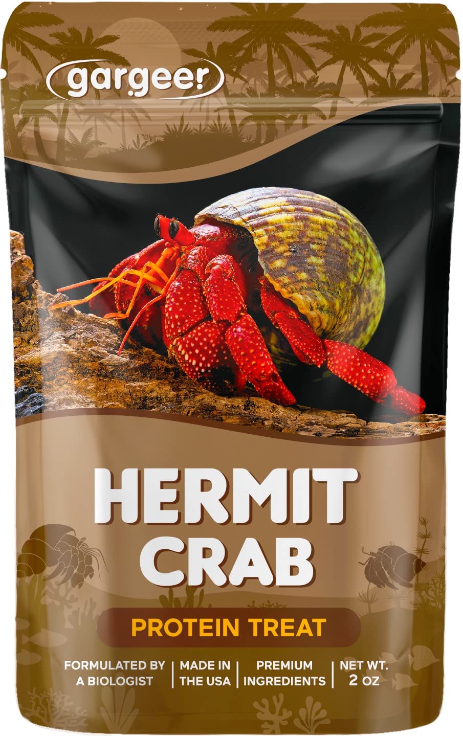 Gargeer Hermit Crab Protein Treat label highlights premium ingredients for growth