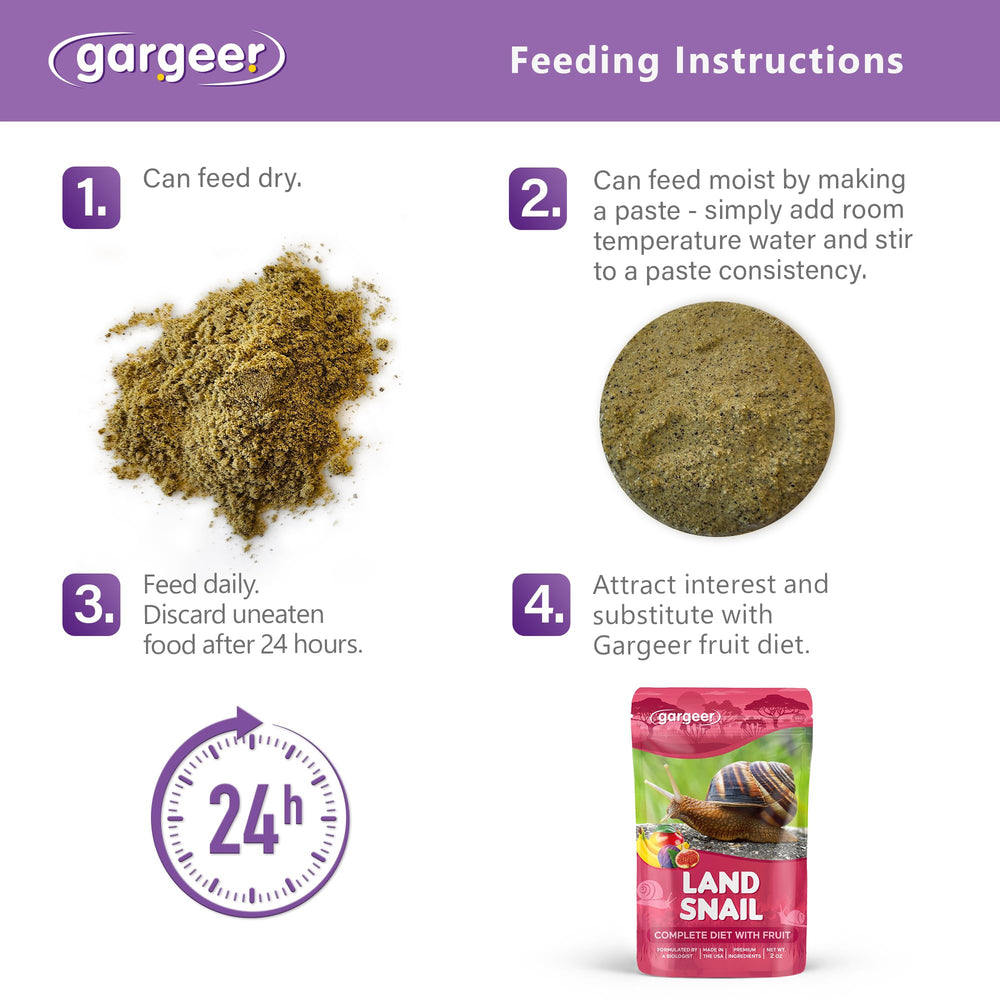 Gargeer Land Snail Veggie Diet nutrition label highlights protein, fat, and fiber balance.