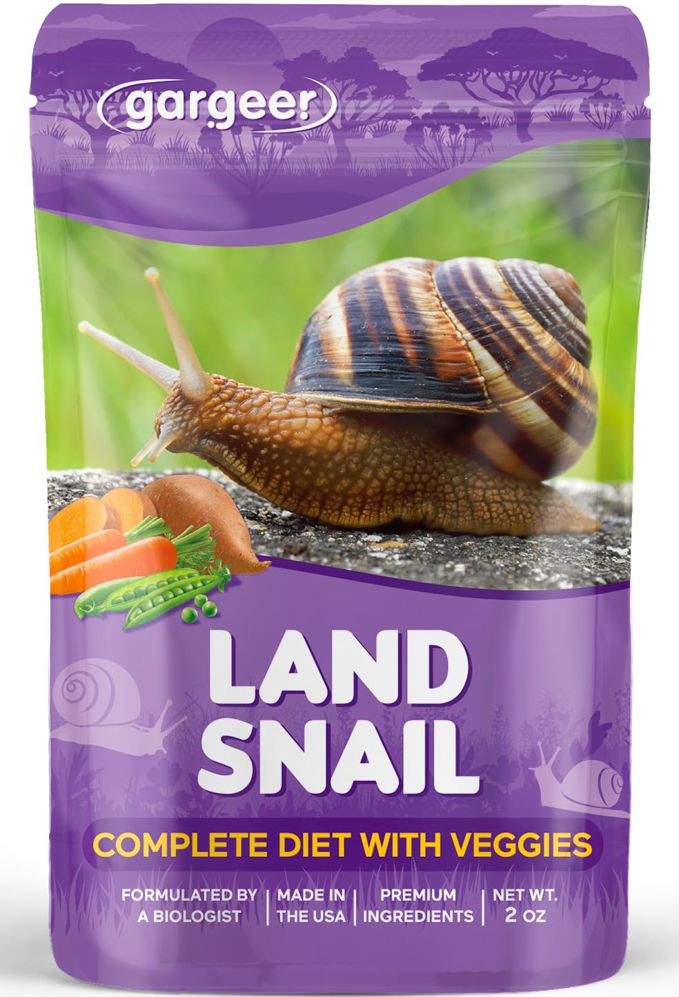 Gargeer Land Snail Veggie Diet packaging shows premium ingredients for snail vitality.