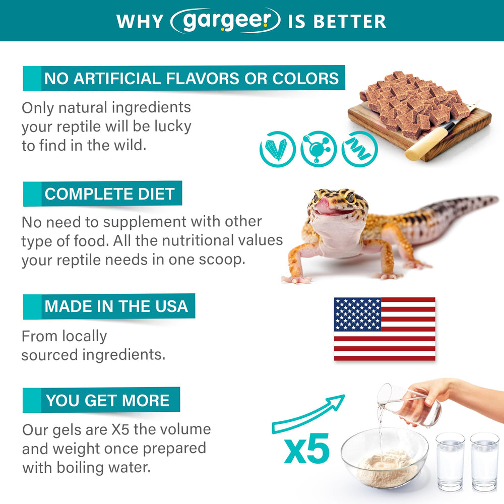 Gargeer Leopard Gecko Gel Diet packaging highlights US-made premium formula.
