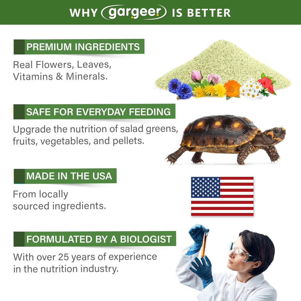 Gargeer Made-in-USA Forest Tortoise Topper packaging highlights high-quality ingredients.