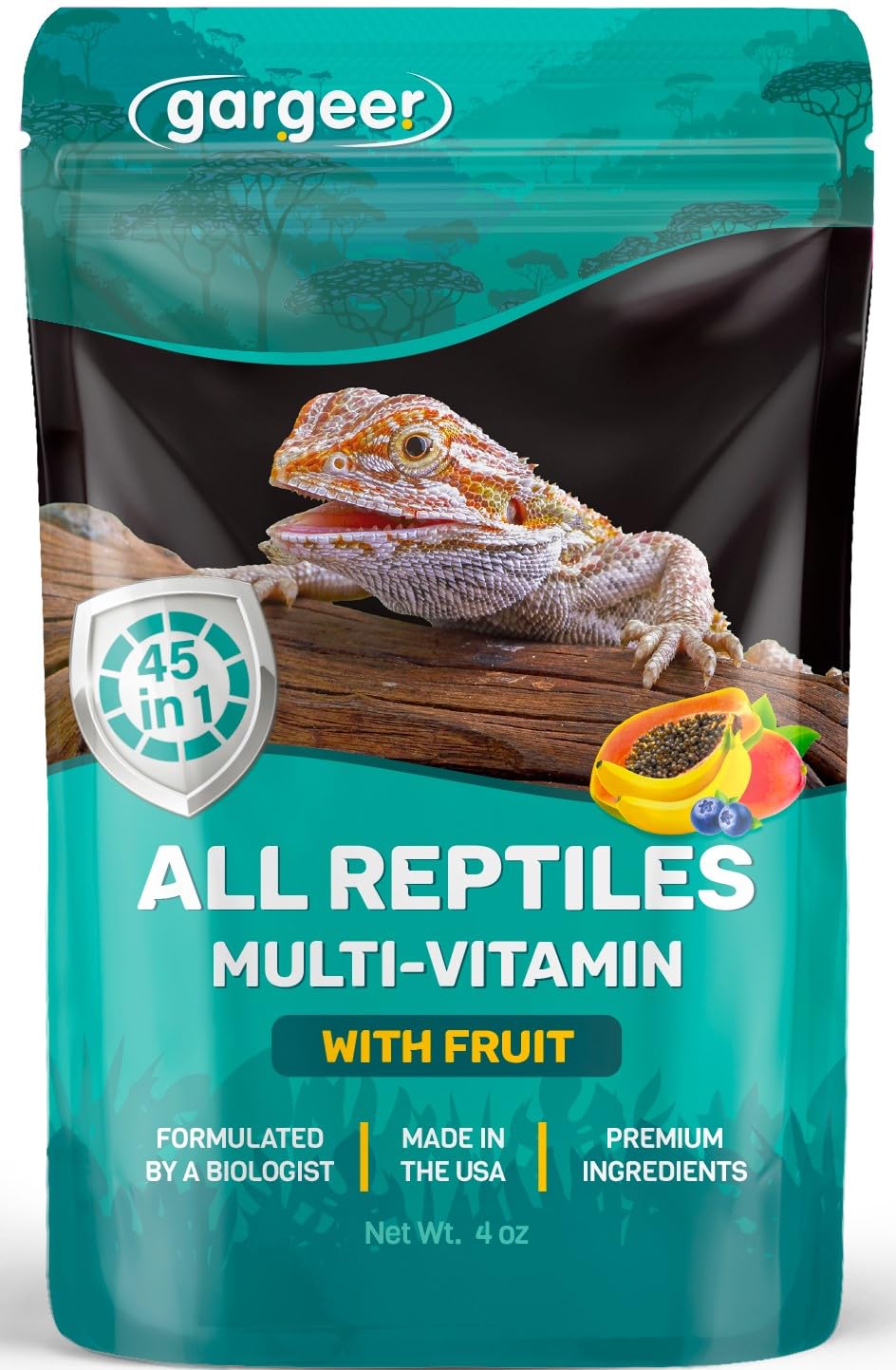 Gargeer multi-vitamin with fruit bottle shows premium reptile supplement for growth and recovery.