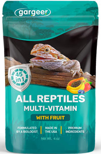 Gargeer multi-vitamin with fruit bottle shows premium reptile supplement for growth and recovery.