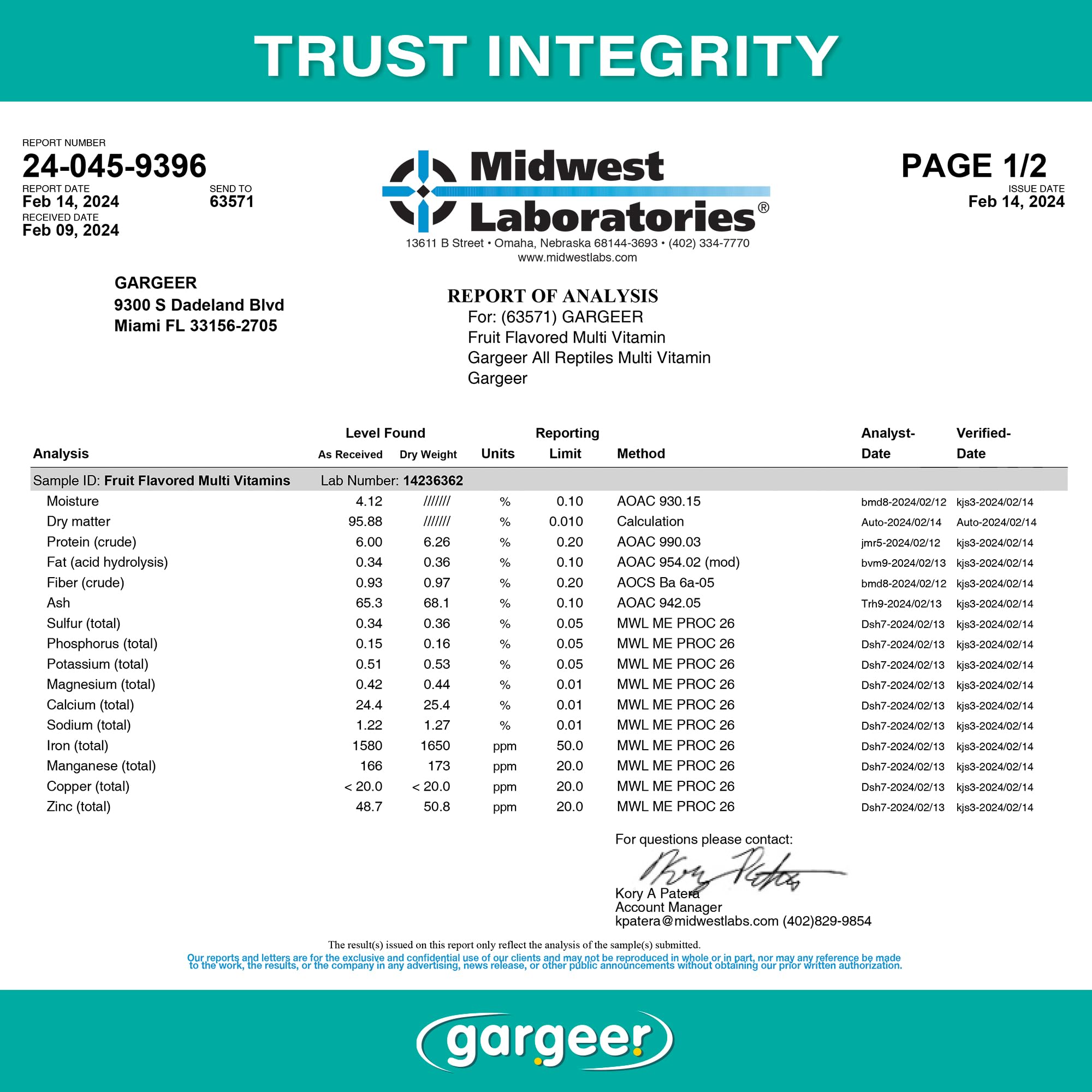 Gargeer multi-vitamin with fruit ingredients highlights kelp, carrot, spirulina, bee pollen for balanced nutrition.