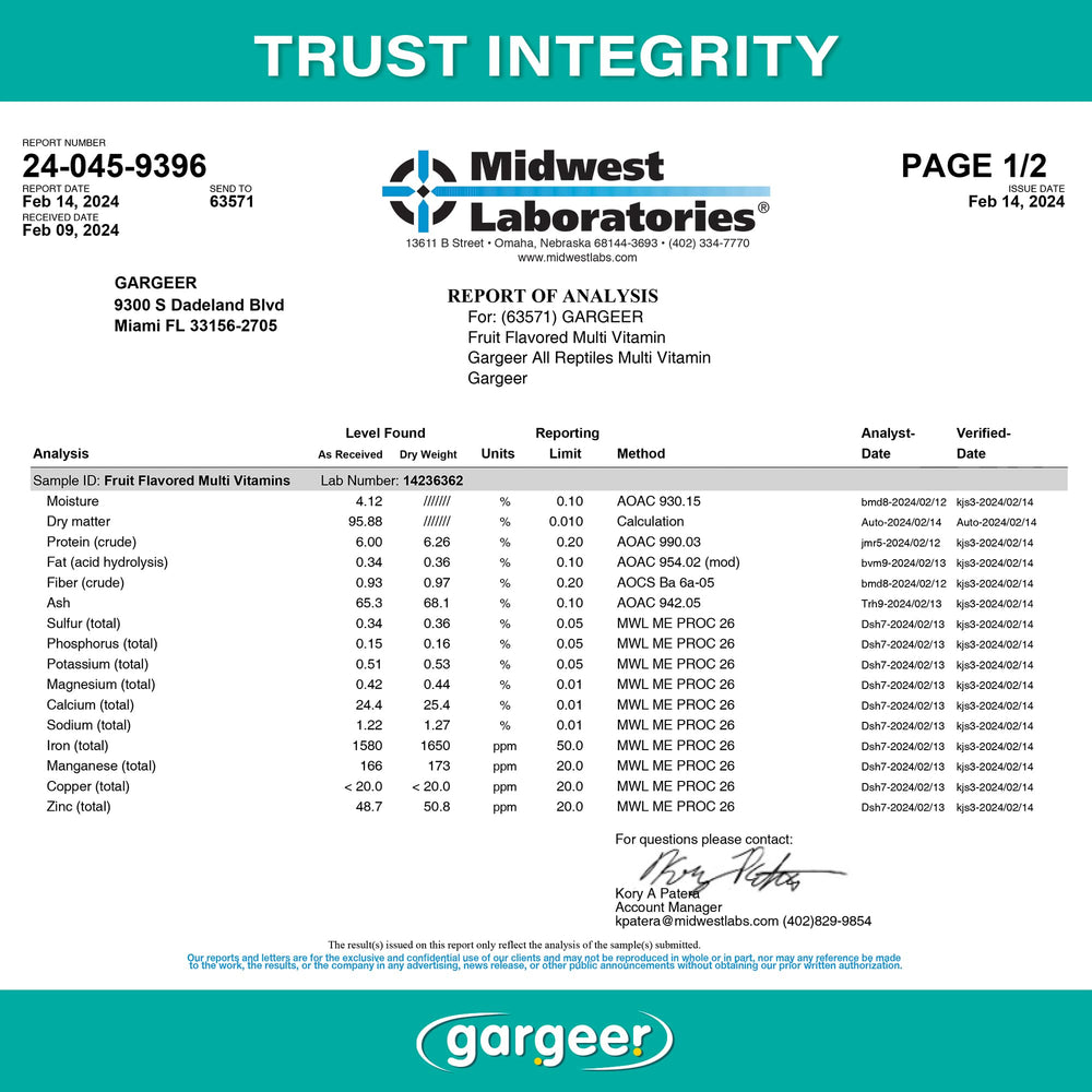 Gargeer multi-vitamin with fruit ingredients highlights kelp, carrot, spirulina, bee pollen for balanced nutrition.