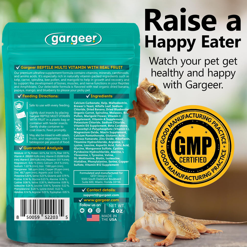 Gargeer multi-vitamin with fruit label highlights natural ingredients and fruit flavor appeal.