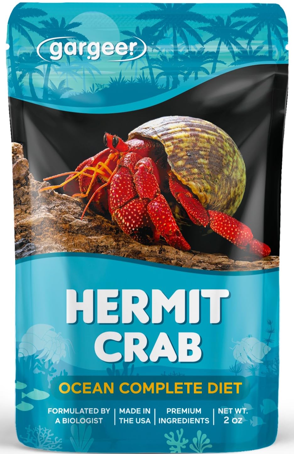 Gargeer Ocean Blend 2oz bottle displaying complete hermit crab diet benefits