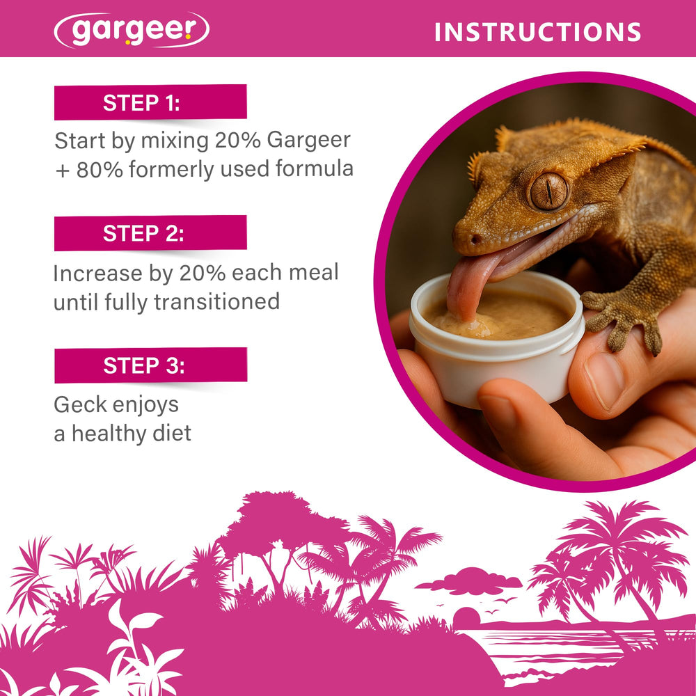 Gargeer Growth probiotics and minerals promote healthy digestion in geckos.