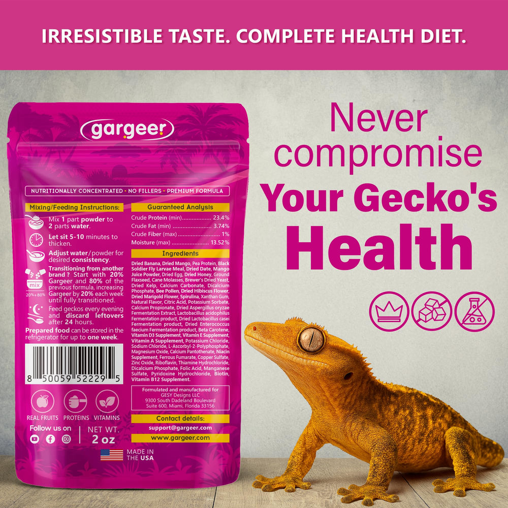 Gargeer Growth ingredients in bowl showing high-protein fruit formula for geckos.