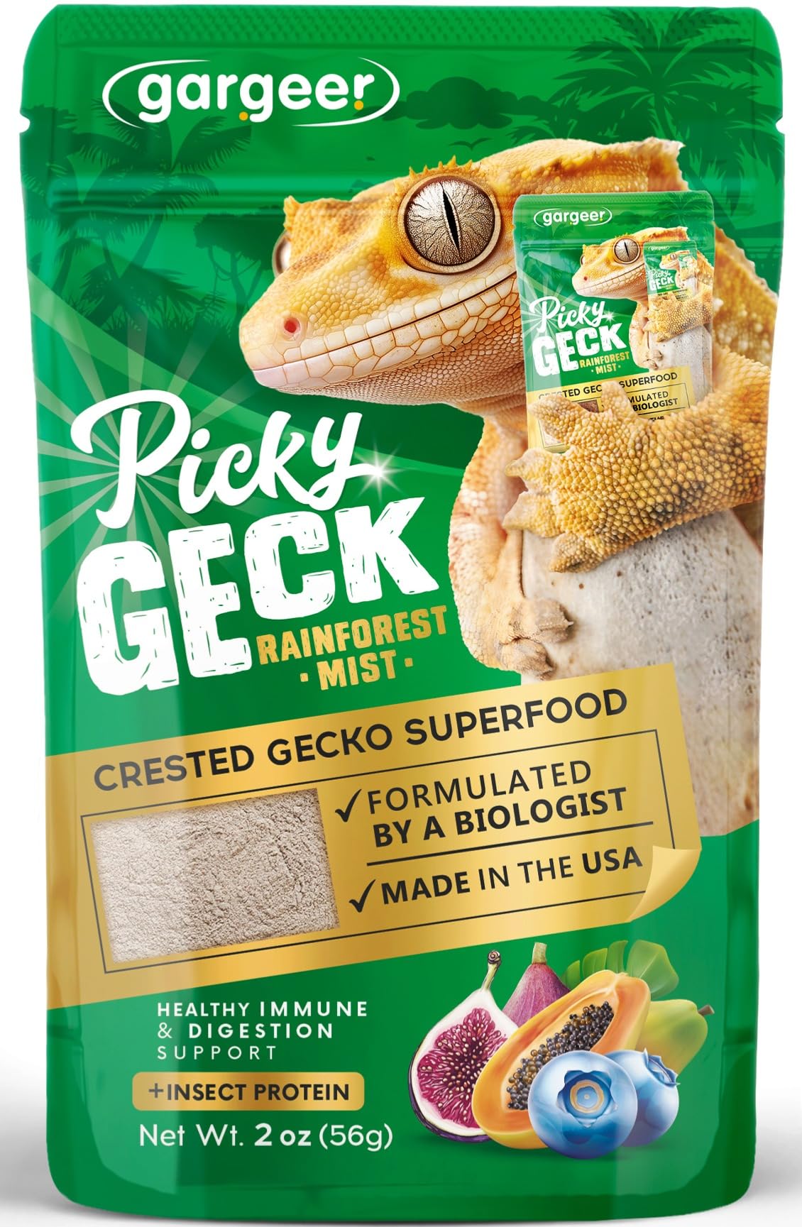 Gargeer Picky Geck Rainforest Mist bottle showing premium ingredients for digestive support.