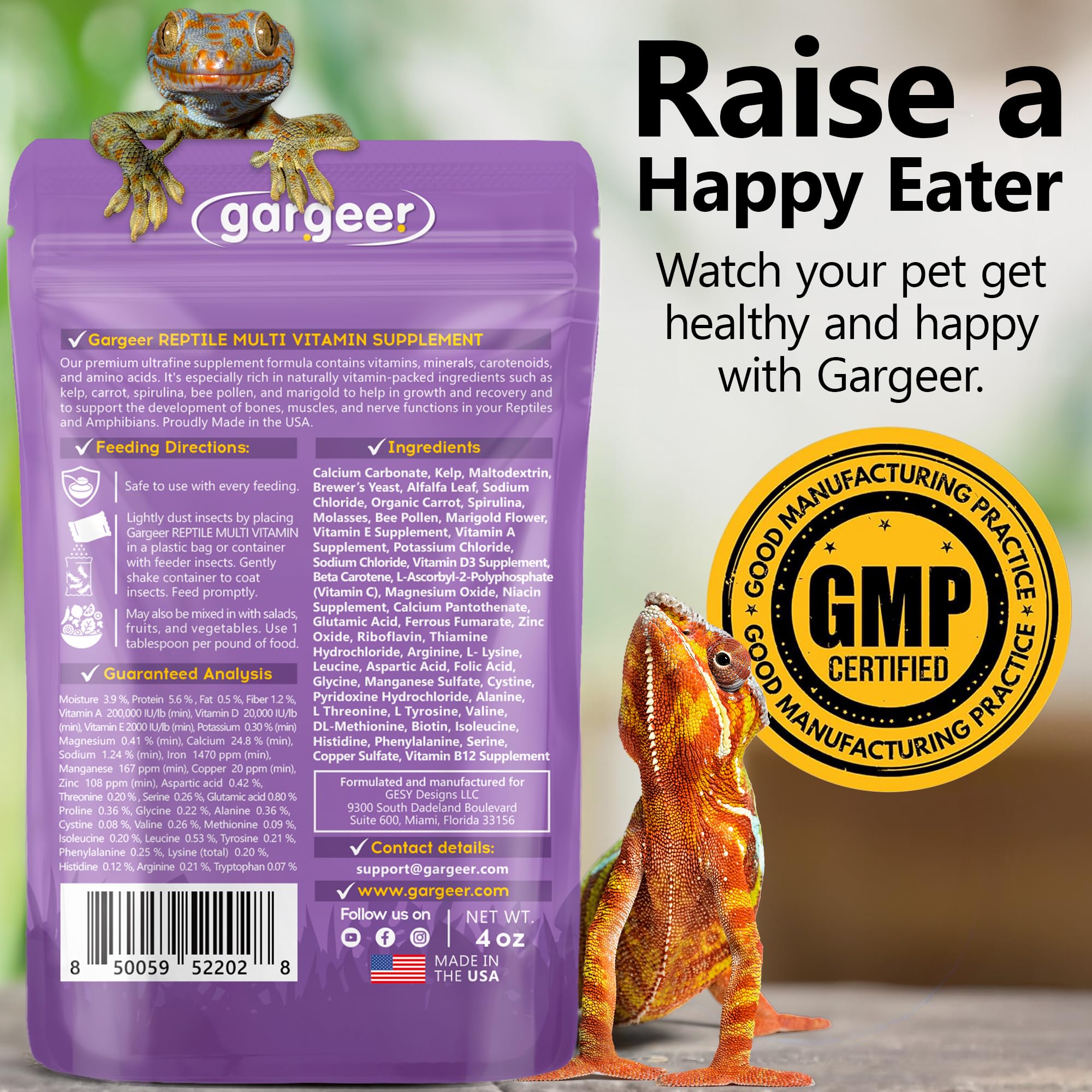 Gargeer reptile multi-vitamin powder dose scoop closeup aids accurate feeding