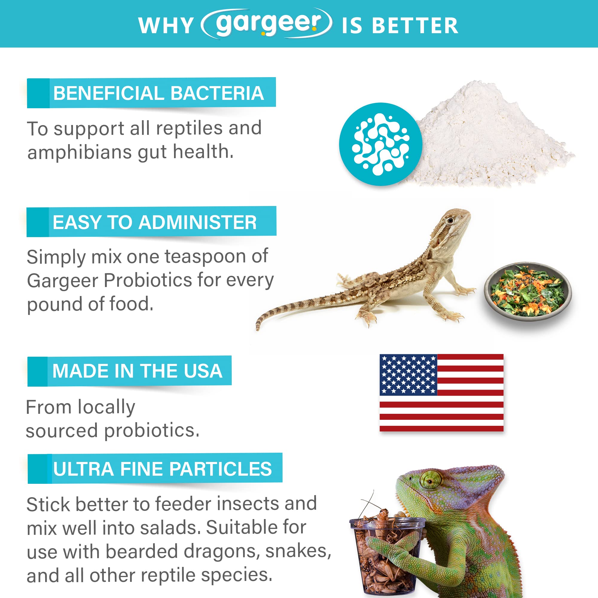 Gargeer Reptile Probiotics label shows USA-made quality.