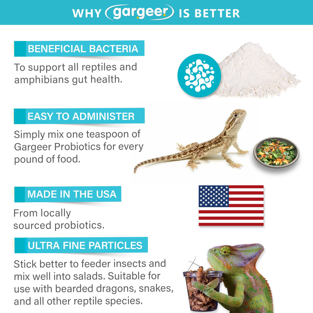 Gargeer Reptile Probiotics label shows USA-made quality.