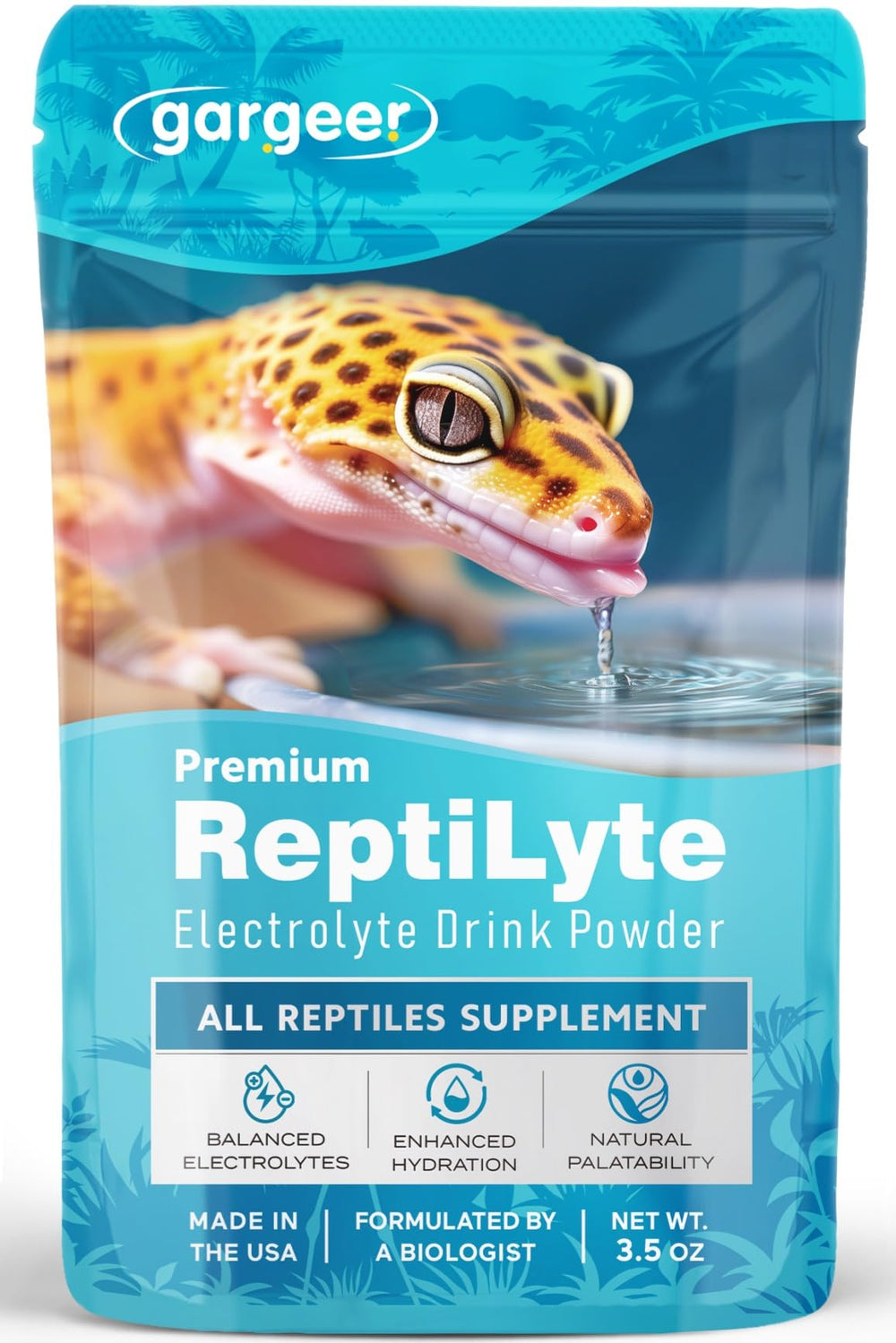 Gargeer ReptiLyte powder dissolves in water to support reptile hydration.